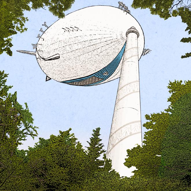 Cargo Airship Docked at a Mooring Mast Made from Recycled Wind Turbine Tower